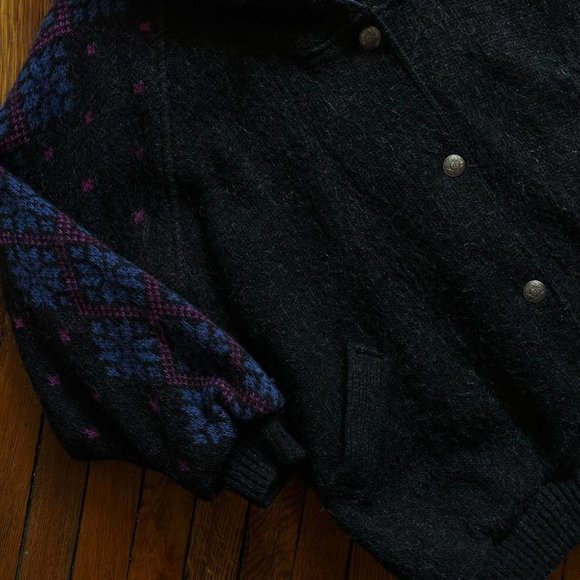 Vintage 80s Alafoss of Iceland Men Black Blue Purple 100% Wool Hooded Coat. - Picture 2 of 7